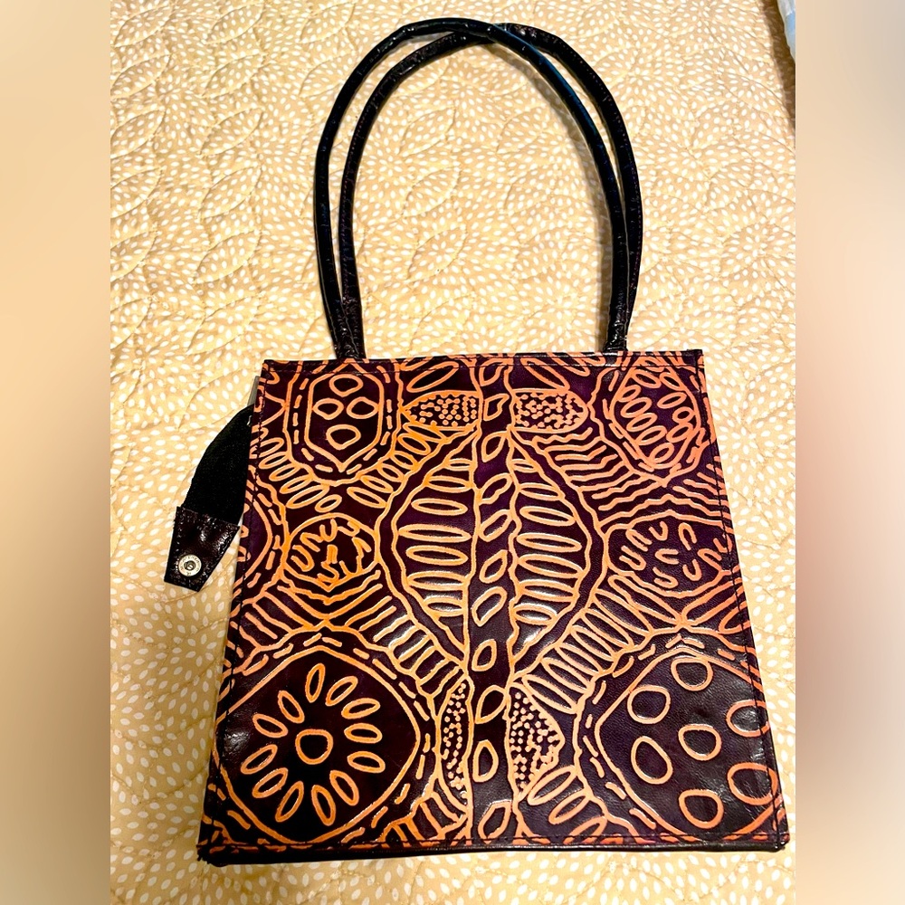 Unbranded Hand Tooled Genuine Leather Handbag Brown Tan Tribal Design Purse